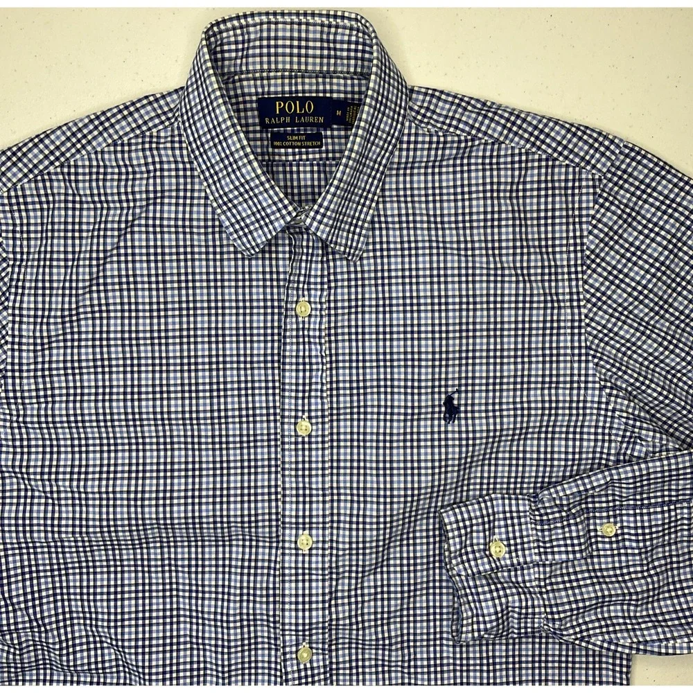 Polo Ralph Lauren Shirt M Slim Fit 100% Cotton Stretch Gingham Plaid Long Sleeve